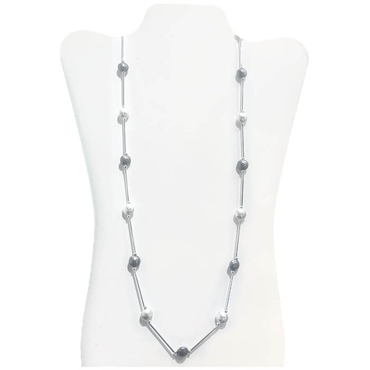 Flat Circle Beads - Long - Silver/Hematite Necklace