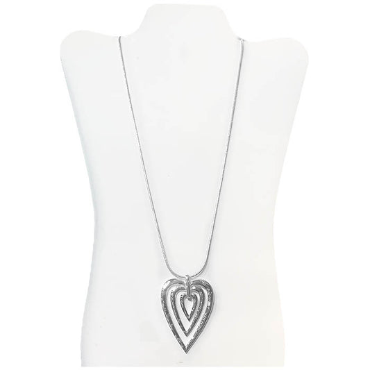 Long - Triple Embeded Hearts - Silver Necklace