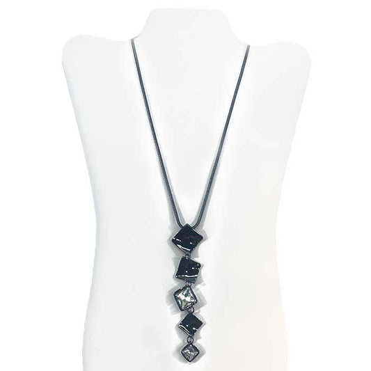 Long - Five Hanging Squares w/ Crystals Hematite Necklace