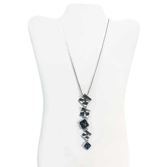 Long - Five Hanging Squares w/ Crystals Silver Necklace