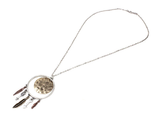 Silver Long Double Circles w/ Feathers/Arrow Metal Necklace