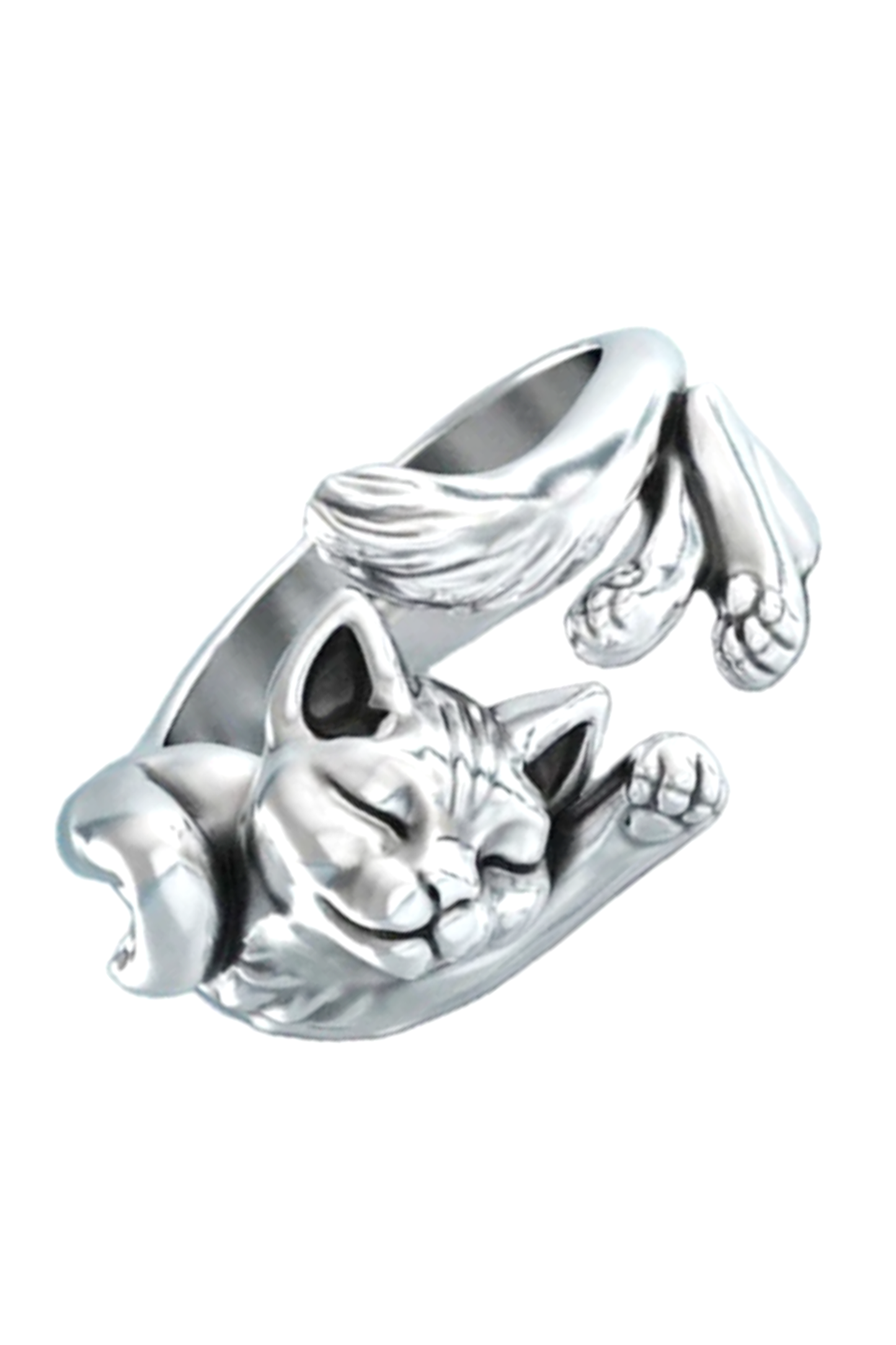 Silver Stretching Cat Adjustable Metal Ring